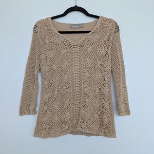 Y2K Crochet Knit Lined Ramie Cotton Khaki Boho Long Sleeve Blouse Sz XL